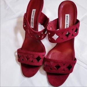 Manolo Blahnik Red Suede Open Toe Heels